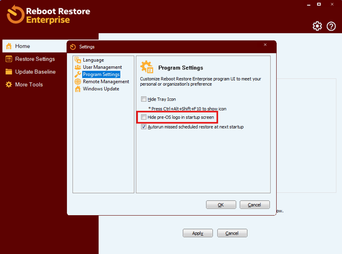 RebootRestore preOS bootup screen